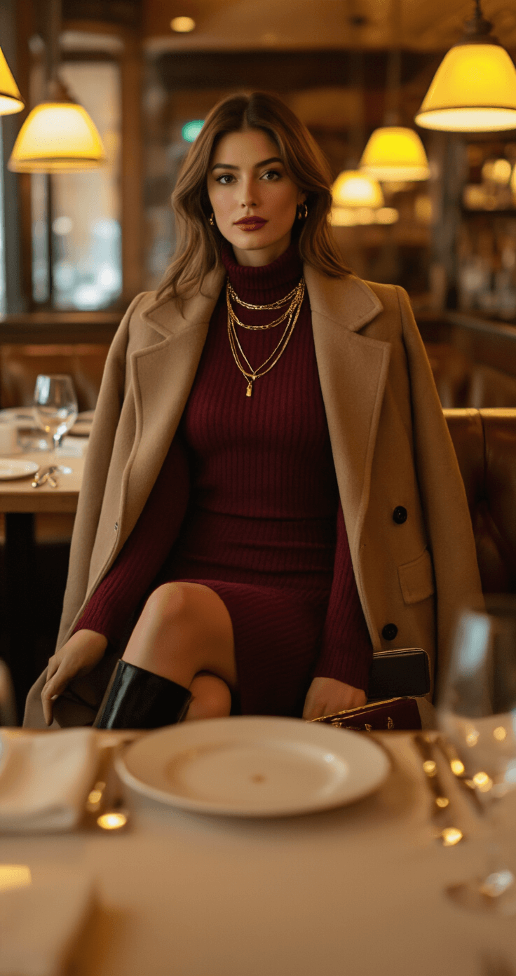 A woman in a burgundy sweater dress sits in a warmly lit upscale restaurant, gracefully removing her wool coat. Her knee-high black suede boots are visible, and delicate gold necklaces catch the candlelight. The intimate atmosphere features warm yellow lighting and a leather banquette, with a small structured clutch on the table beside her. The image captures her confident smile and the rich textures of her outfit from a date's eye-level perspective.