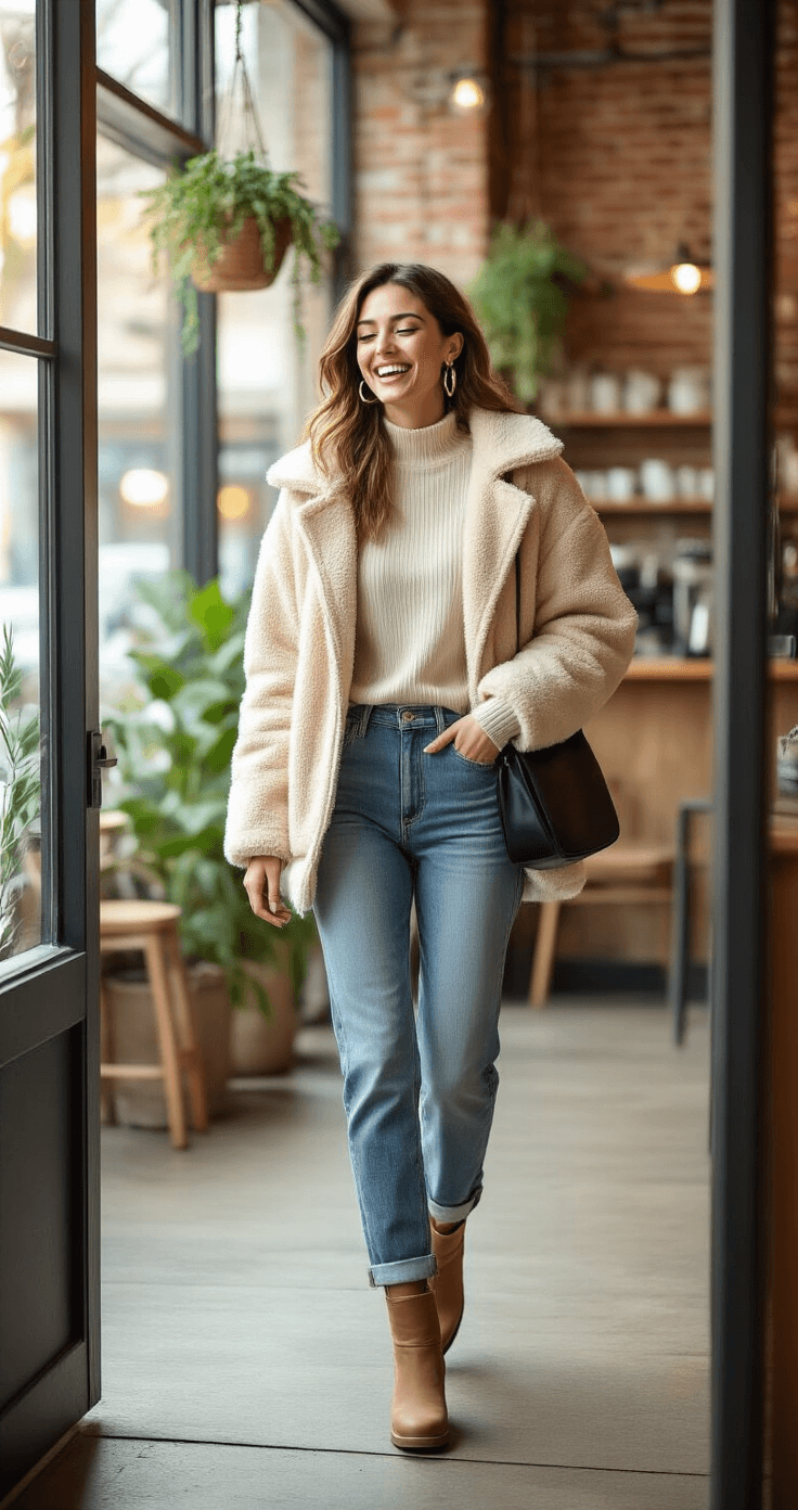 A stylish woman in boyfriend jeans and a cream ribbed top smiles mid-stride at a trendy coffee shop, showcasing her oversized beige sherpa jacket and chunky ankle boots, with a minimalist black crossbody bag and gold hoop earrings, embraced by warm industrial decor and bright natural light.