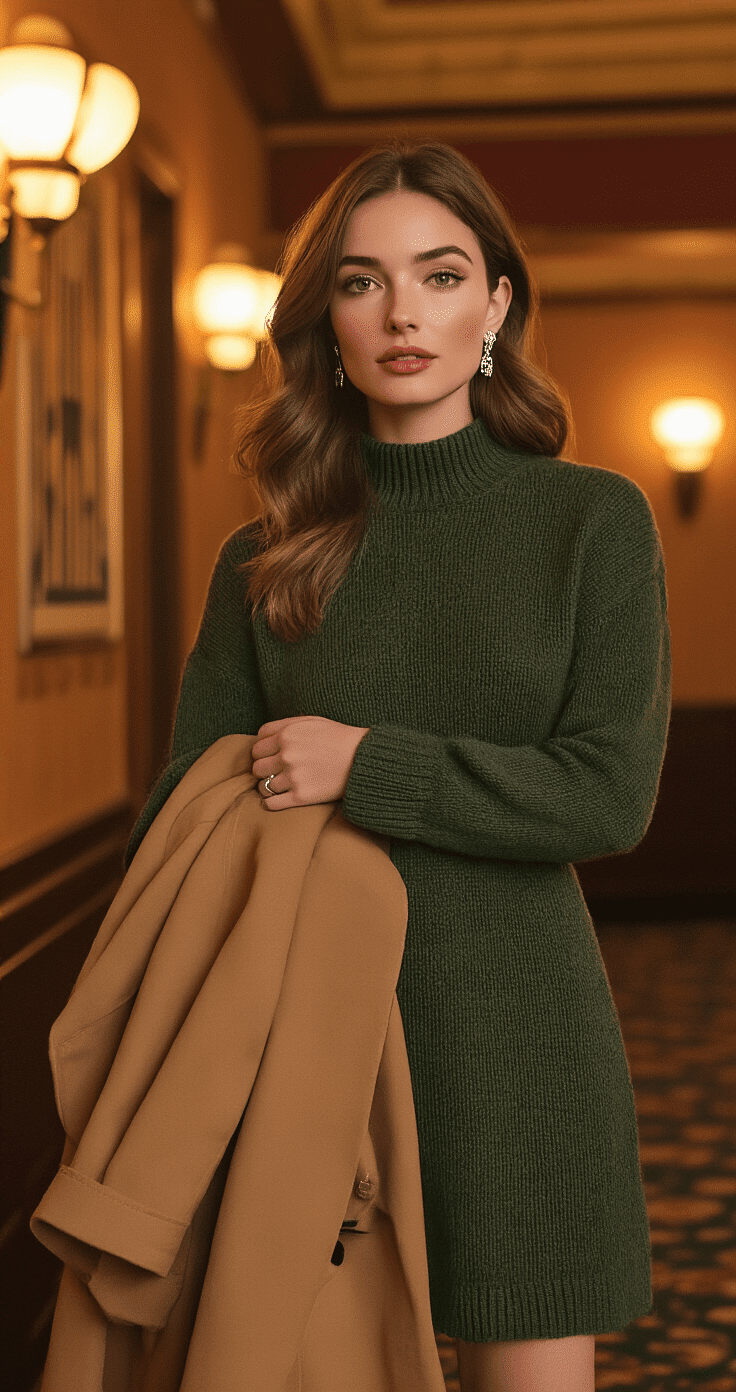 A confident woman in a forest green wool sweater dress stands in a vintage-inspired movie theater lobby, carrying a camel trench coat over her arm. She pairs her outfit with black leather heeled ankle boots and delicate silver earrings, illuminated by warm amber lighting. Art deco elements enhance the cozy atmosphere.
