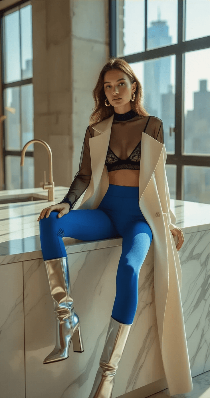 A fashion-forward model in a sheer black mesh top and cobalt blue high-waisted leggings sits on a minimalist marble kitchen island, wearing an oversized cream wool blazer and metallic silver knee-high boots, surrounded by soft natural light in a chic downtown loft. Gold hoop earrings reflect light as the scene highlights the textures and modern interior design.