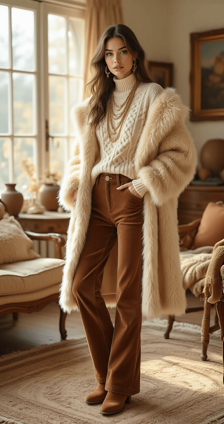 Fashion model in a sunlit bohemian living room, wearing a chunky cream cable-knit sweater tucked into high-waisted chocolate brown corduroy flare pants, wrapped in a luxurious camel faux fur coat and brown suede knee-high boots, accessorized with layered gold necklaces, with warm light filtering through sheer curtains.