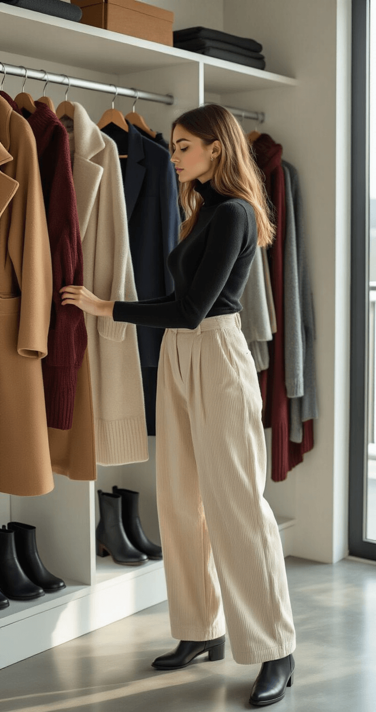 A young woman in a minimalist urban loft organizes her winter wardrobe in a walk-in closet, featuring a camel wool coat, navy blazer, and chunky Chelsea boots. The scene, captured during golden hour, highlights polished concrete floors and rich textile textures, evoking a serene atmosphere of curated sustainable fashion.