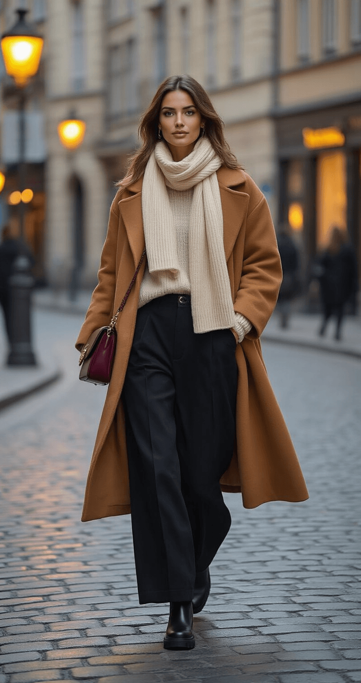 A confident woman walks toward the camera on a cobblestone street corner, wearing wide-leg black trousers, a fitted thermal turtleneck, an oversized cream sweater, and a flowing camel wool coat. Her outfit is completed with chunky black Chelsea boots, a structured burgundy crossbody bag, and a cream chunky-knit scarf, illuminated by warm amber streetlights as dusk approaches.