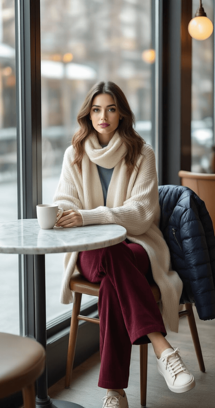 A woman in a sophisticated coffee shop, dressed in burgundy corduroy trousers, an oversized cream cardigan, and minimalist cream sneakers, sits at a marble table with warm morning light filtering through large glass panels; her navy puffer jacket and chunky cream scarf are stylishly arranged nearby.