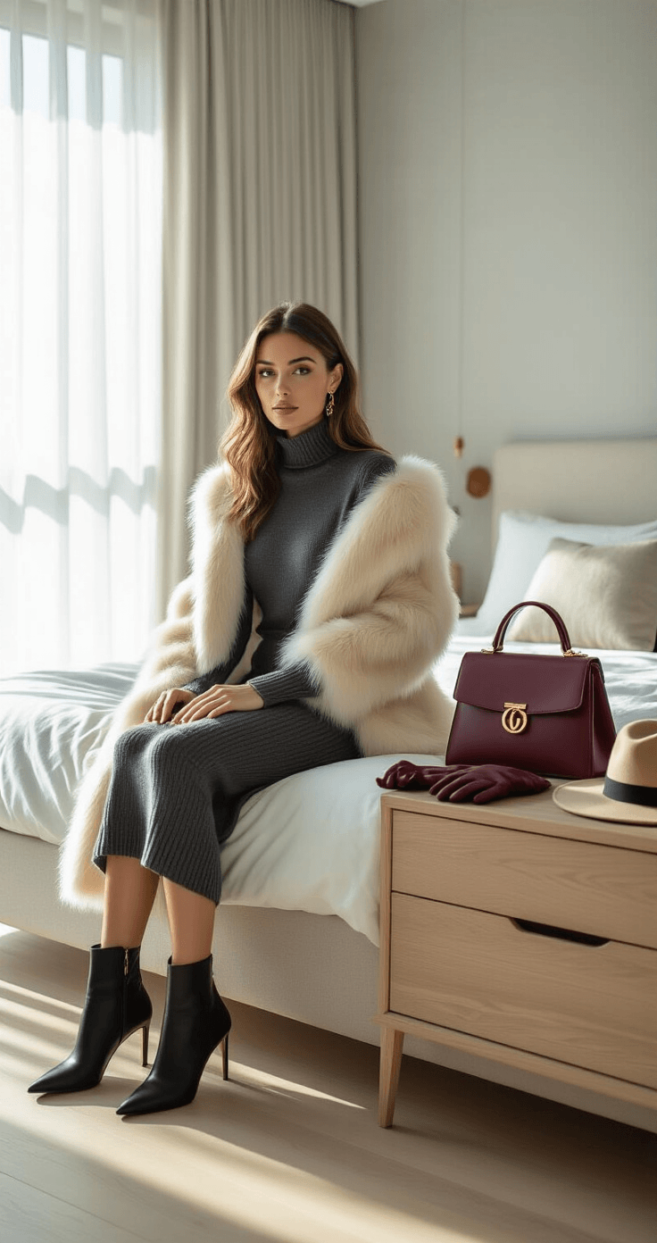 A stylish woman in a modern minimalist bedroom, sitting on the edge of a platform bed, pairing a charcoal grey merino wool midi dress with a cream faux-fur coat. Nearby, black heeled ankle boots and a burgundy leather handbag complement the look, while a wooden dresser displays gold jewelry, leather gloves, and a camel wide-brim felt hat, all illuminated by bright midday sunshine.