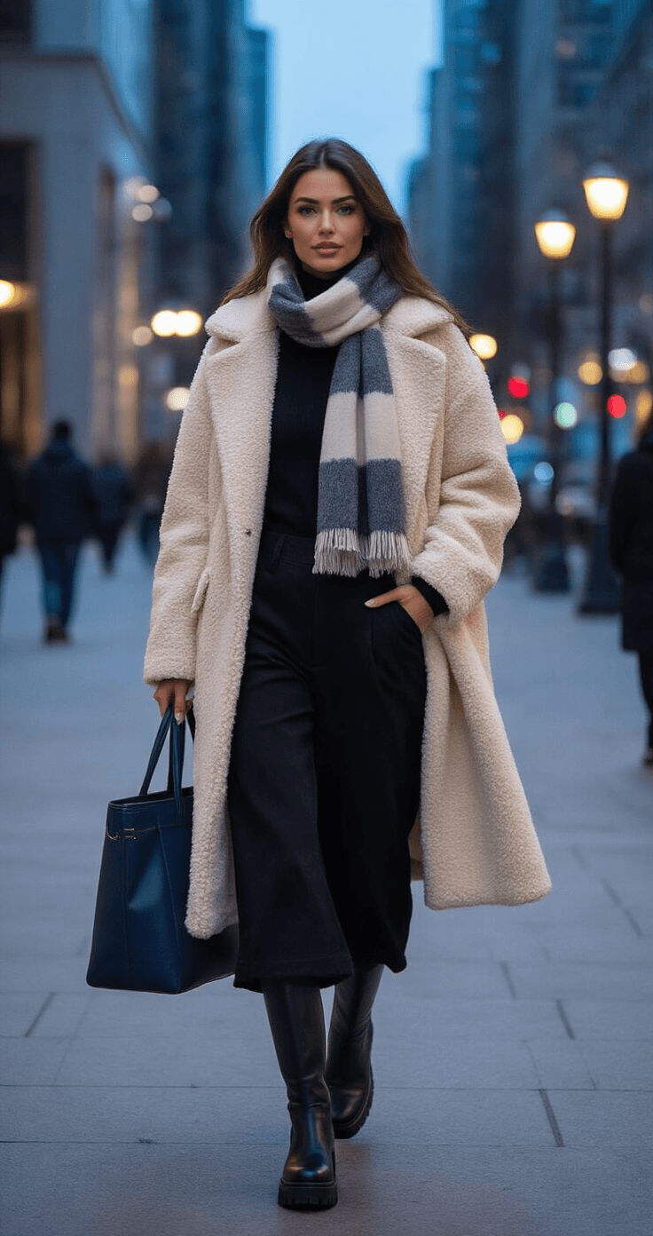 A stylish woman confidently walks on a modern city sidewalk during the blue hour, dressed in layered winter fashion including black wide-leg trousers, a fitted thermal turtleneck, an oversized fleece-lined blazer, and a statement teddy bear coat. She pairs her outfit with knee-high black leather boots, a patterned chunky scarf, and carries a structured navy leather tote, all set against a backdrop of warm, illuminated contemporary architecture.