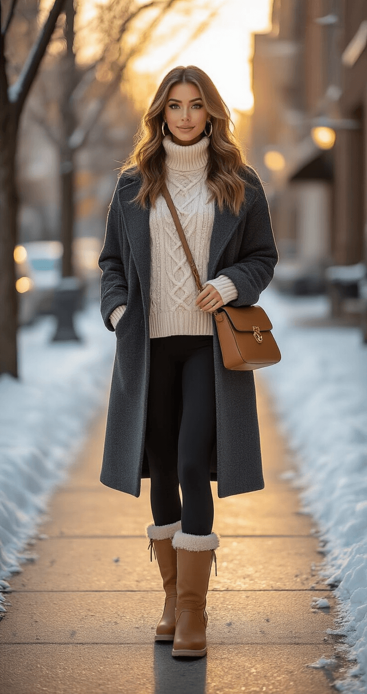 A confident woman in a cozy oversized cream cable-knit sweater and high-waisted black fleece-lined leggings stands on a snow-dusted urban sidewalk during golden hour, wearing tan UGG boots and a charcoal grey duffle coat. She carries a cognac brown leather crossbody bag, with gold hoop earrings catching the soft winter sunlight as it filters through bare tree branches. The scene captures her effortlessly chic winter style against blurred city storefronts.