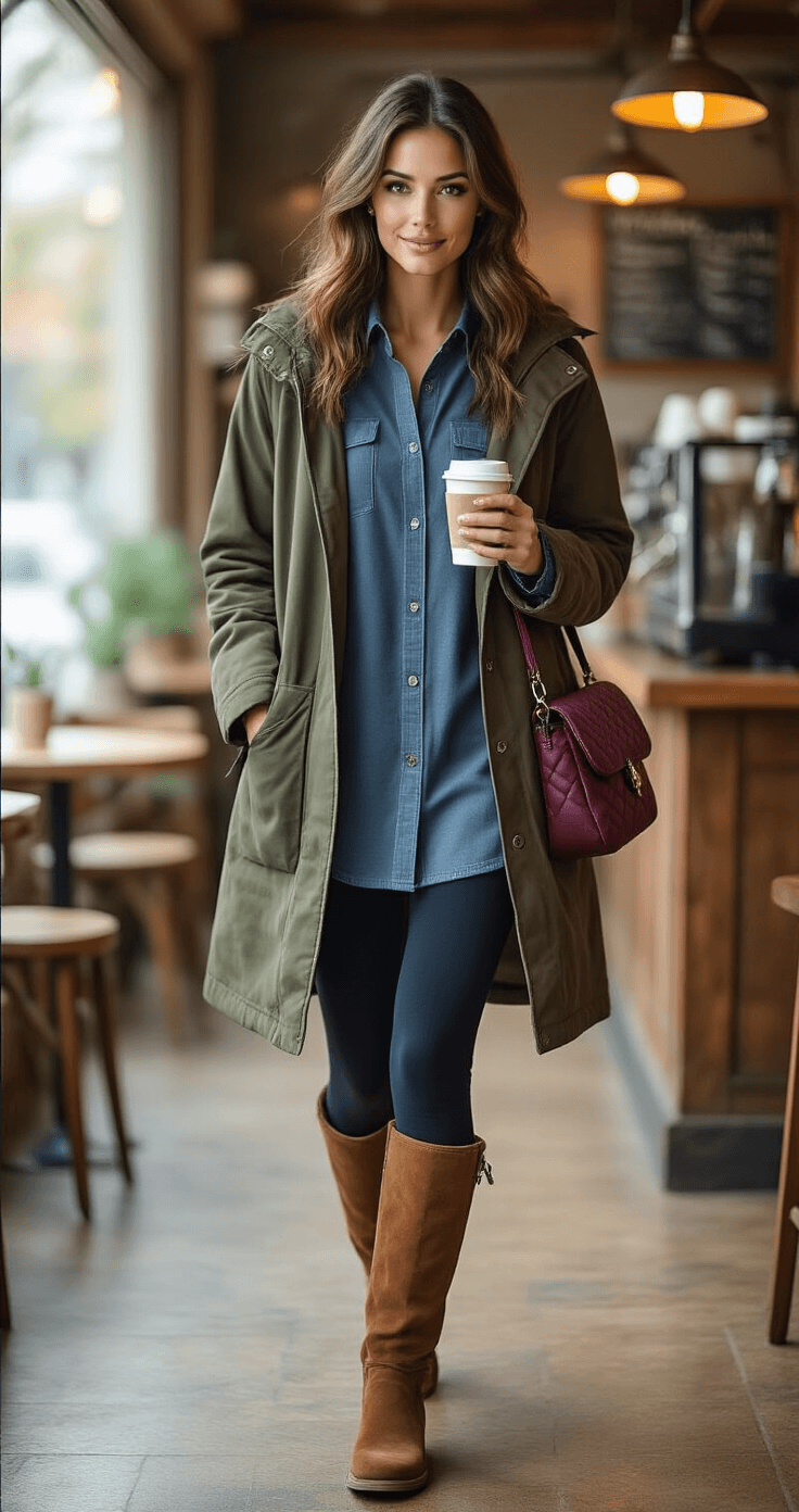 A stylish woman in a cozy coffee shop, wearing navy fleece-lined leggings, a long chambray tunic, an olive green parka, and brown suede knee-high boots, carries a burgundy quilted crossbody bag while enjoying a coffee. Warm pendant lighting highlights the textures of her outfit and the inviting atmosphere.