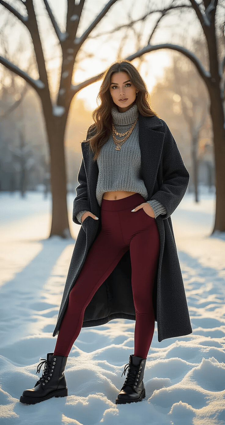 A confident woman poses in a frost-covered park during golden hour, wearing burgundy high-waisted leggings, an oversized grey wool sweater, black combat boots, and a long charcoal coat, with gold statement jewelry and winter trees casting artistic shadows.