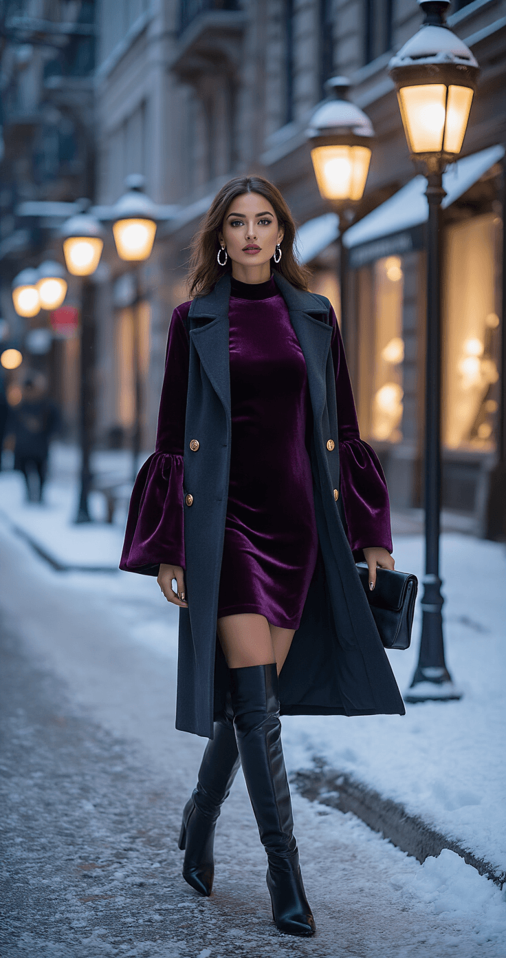 A stylish woman in a deep plum velvet dress with bell sleeves and a tailored charcoal wool coat walks confidently on a chic urban street corner during the blue hour, with elegant streetlamps illuminating her and a snowy cityscape filled with upscale boutiques in the background.