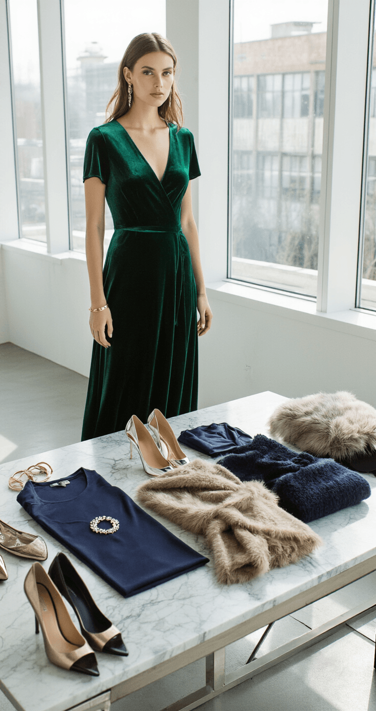 A luxurious minimalist styling session featuring winter dinner outfits arranged on a marble table, including an emerald green velvet midi dress, a navy blue crepe dress, and a classic black dress, complemented by various closed-toe heels and elegant wraps, all illuminated by soft natural light from large windows.