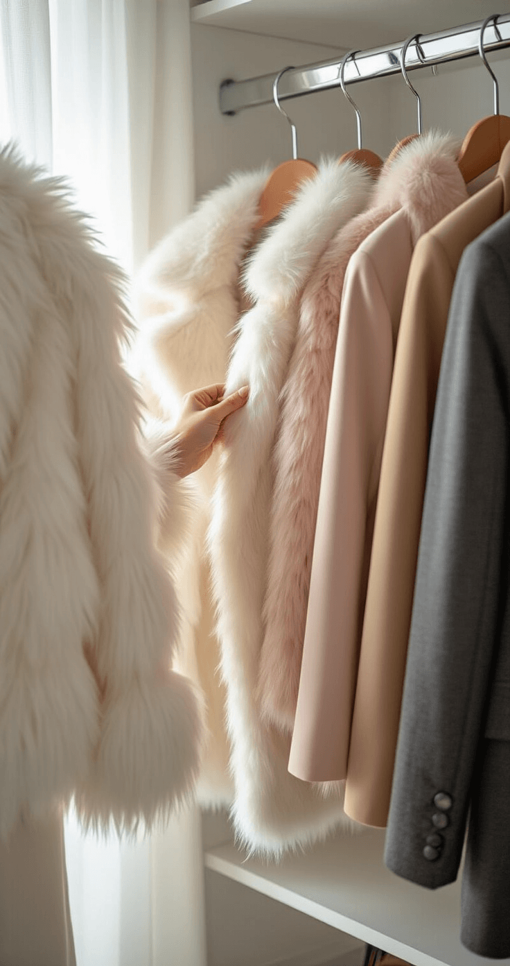An intimate view of a minimalist walk-in closet illuminated by soft ambient light, showcasing carefully arranged faux fur jackets and oversized blazers in pastel and earth tones, with a focus on textures and luxurious details.