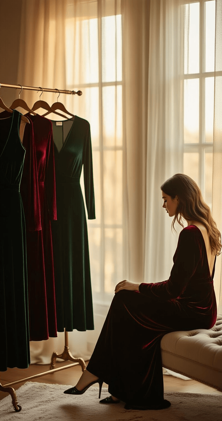 A cozy bedroom at golden hour featuring an antique brass clothing rack with a burgundy velvet dress, emerald green midi dress, and black satin jumpsuit, illuminated by soft natural light filtering through gauzy curtains. A woman sits on a tufted bench, touching the luxurious fabrics, highlighting the elegant drape and rich jewel tones.