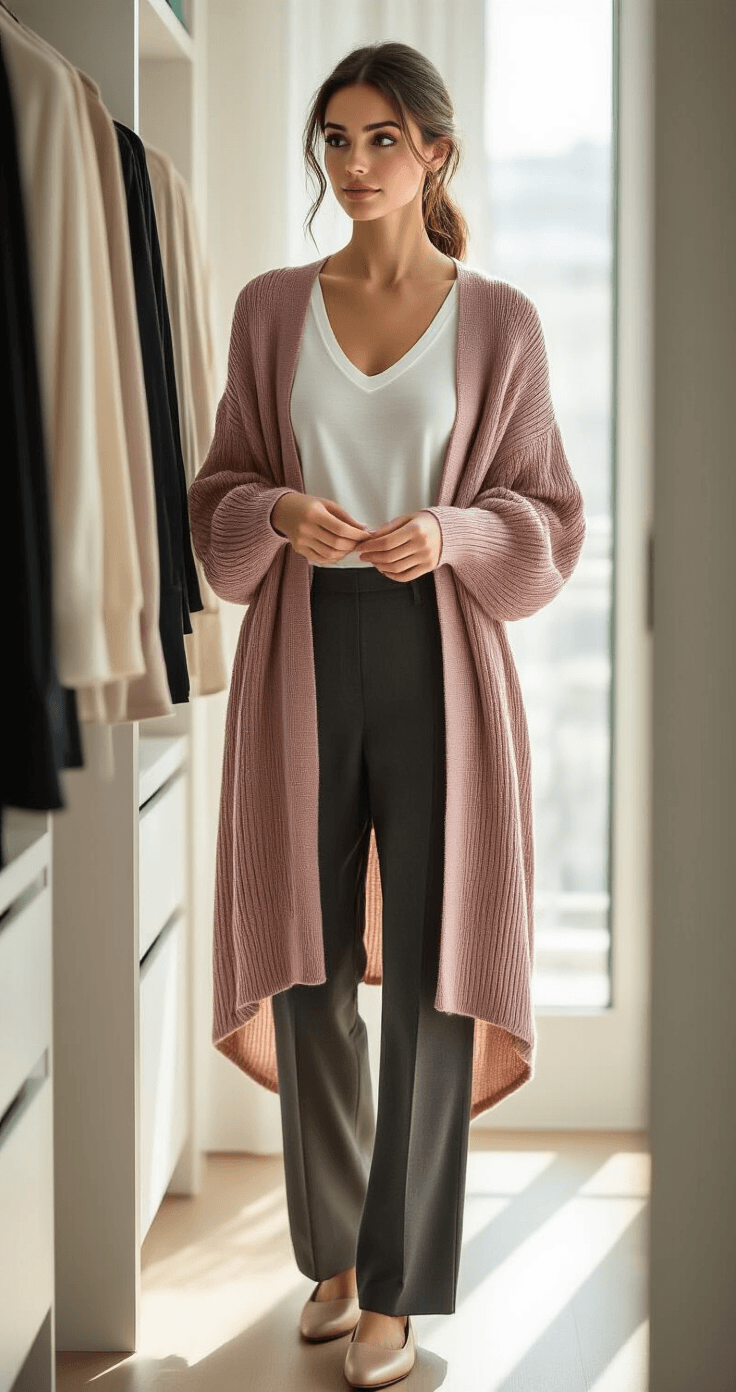 A stylish woman arranges a layered outfit in a minimalist walk-in closet, illuminated by soft morning light. She wears a fitted white tee, a cream wrap sweater, and a dusty rose cardigan, paired with charcoal trousers and nude loafers. The scene showcases the textures of the fabrics against a backdrop of neatly organized, neutral-toned clothing.