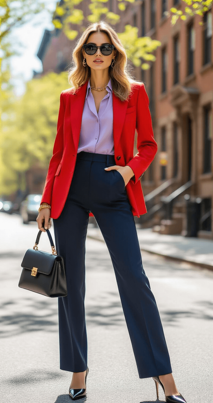 A fashionable woman confidently poses on a tree-lined city street corner in midday sunshine, wearing a poppy-red tailored blazer over a lavender silk blouse, high-waisted navy trousers, and black leather pumps. She accessorizes with gold chain jewelry and classic black sunglasses, surrounded by charming brownstone buildings and spring foliage, showcasing a modern and wearable color combination.