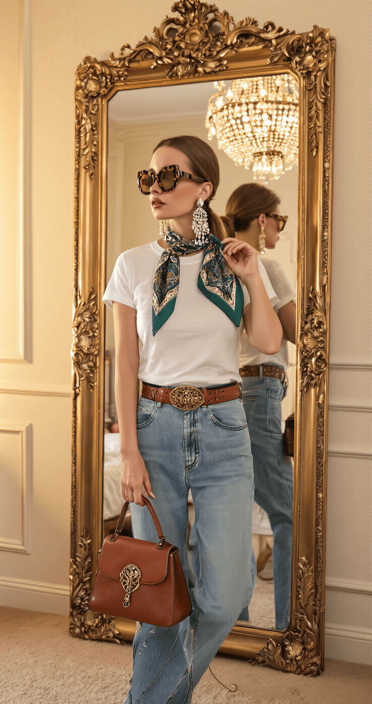 A stylish woman in a chic bedroom examines her reflection in an ornate mirror while accessorizing a simple outfit of straight-leg jeans and a white t-shirt with oversized tortoiseshell sunglasses, cascading crystal chandelier earrings, and a printed silk scarf. The warm golden hour light highlights the texture contrasts of her accessories and the unmade bed in the background.
