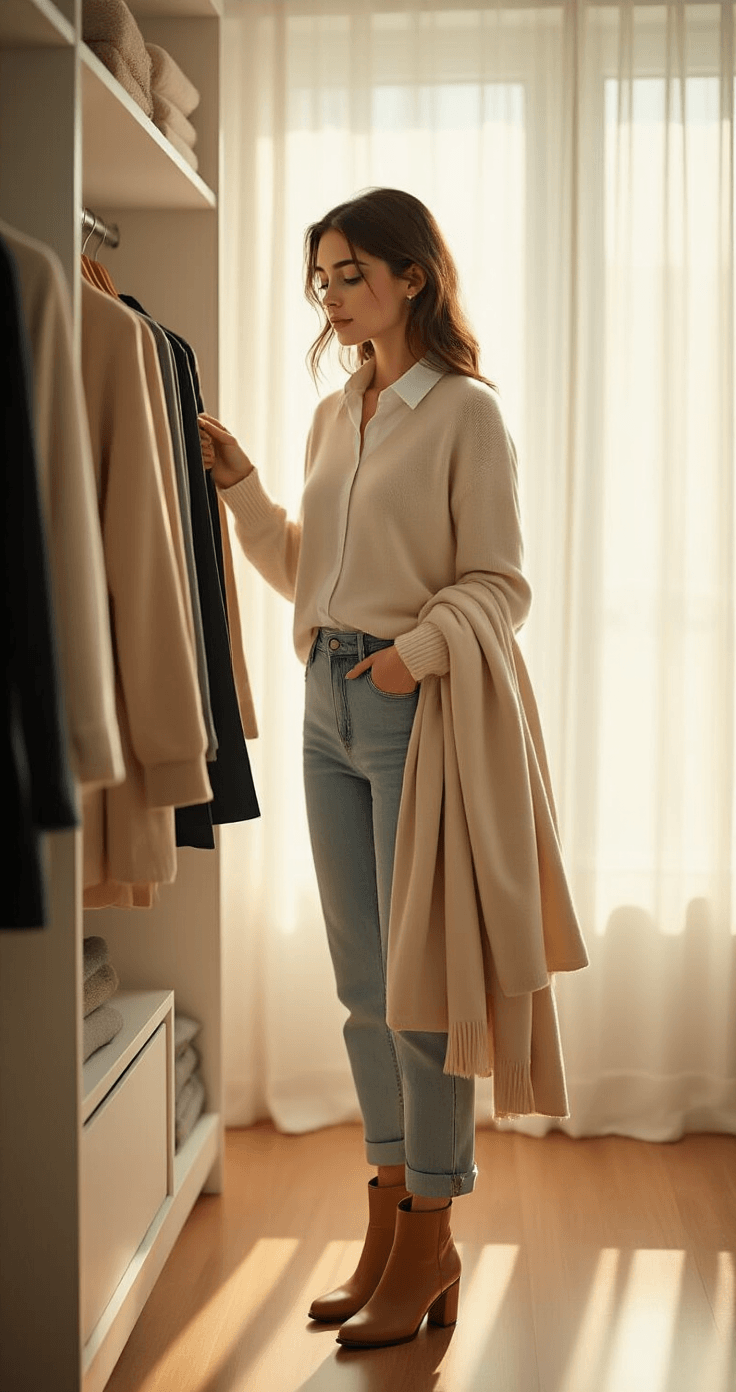 A young woman in a cream cashmere sweater and white button-down shirt examines clothing options in a minimalist bedroom with morning sunlight streaming through sheer curtains, holding a camel trench coat and draped scarf.