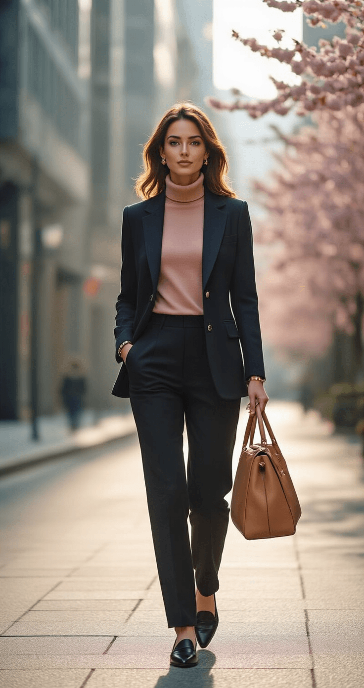 A confident woman in a chic spring outfit walks on an urban street corner, showcasing tailored black trousers, a fitted blush pink turtleneck, a structured navy blazer, and black loafers, carrying a tan leather handbag, with cherry blossoms subtly blurred in the background.