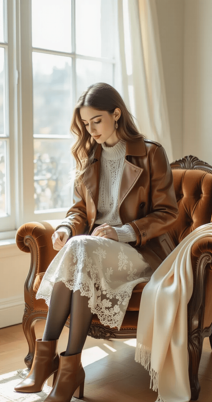 A young woman arranges a feminine spring outfit on a vintage velvet armchair in a sunlit apartment corner, showcasing an ivory lace midi skirt, grey cashmere sweater, chocolate brown leather trench coat, and cognac ankle boots, with soft light highlighting the textures and a cream silk scarf draped nearby.