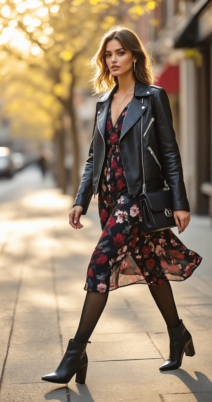 A confident woman strides down a trendy neighborhood sidewalk during golden hour, wearing a dark floral midi dress and an oversized black leather jacket, with opaque black tights and matte black ankle boots. She carries a structured black crossbody bag and sports minimalist silver jewelry, as dappled sunlight filters through budding trees, casting warm evening light and dramatic shadows on her outfit.