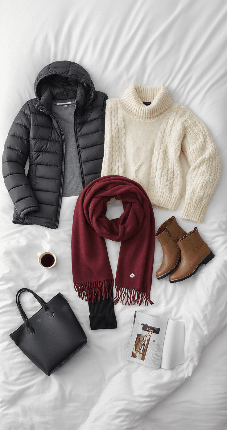 A minimalist bedroom scene with soft morning light, featuring a neatly arranged winter capsule wardrobe on a white linen duvet, including a charcoal thermal base layer, cream cable knit sweater, and black cropped puffer jacket, alongside fleece-lined tights, a burgundy cashmere scarf, brown leather ankle boots, a black leather tote, a steaming coffee cup, and an open fashion magazine.