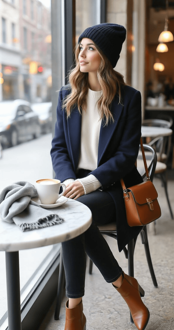 A young woman in an oversized navy blazer and layered winter outfits sits by floor-to-ceiling windows in a chic coffee shop, with a latte on the marble table beside her caramel leather crossbody bag, gray wool scarf, and black beanie, showcasing stylish winter layering.
