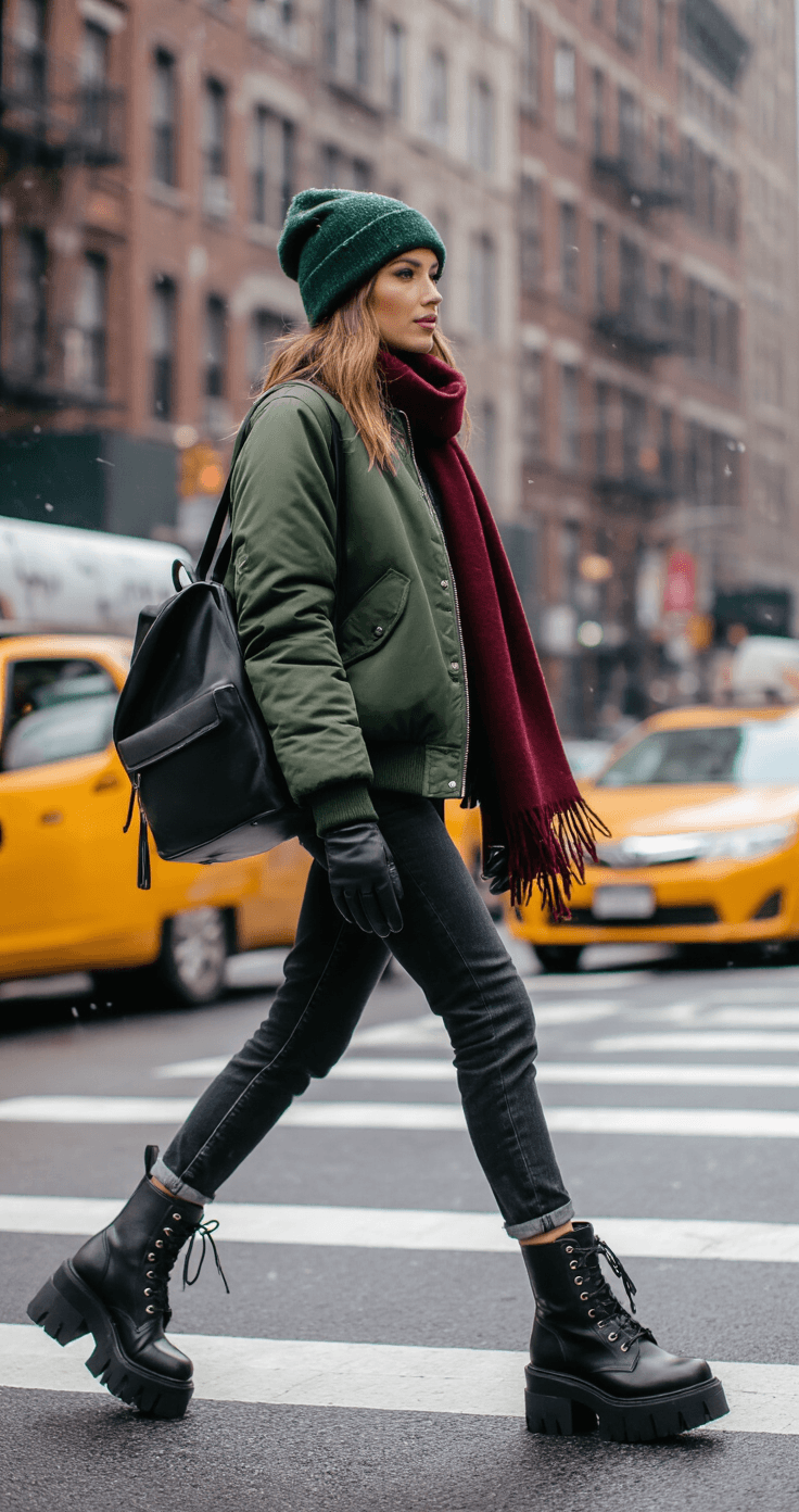 A fashion-forward woman in a forest green bomber jacket and oversized burgundy scarf navigates a busy Manhattan crosswalk during light snowfall, surrounded by yellow taxis and historic brownstones.