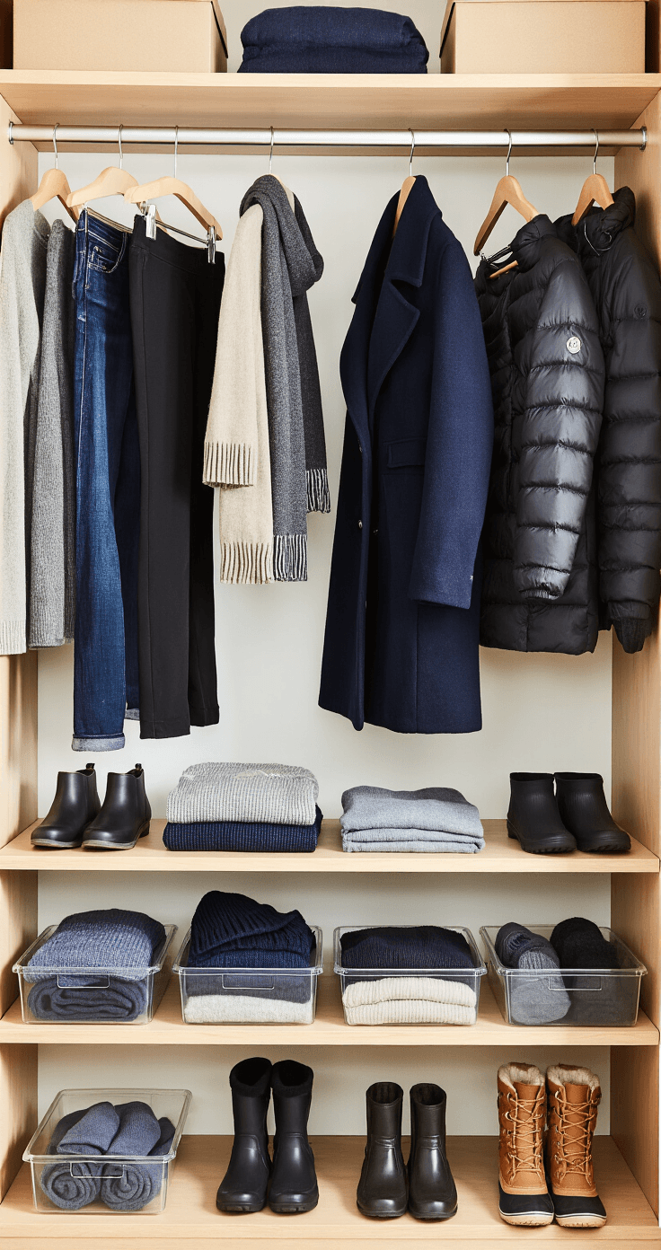 Brightly lit walk-in closet showcasing a well-organized selection of winter travel essentials for a NYC trip, featuring black athleisure pants, dark wash jeans, neutral-toned sweaters, a navy wool overcoat, black puffer jacket, various scarves, and an assortment of boots, alongside neatly arranged accessories in clear containers.