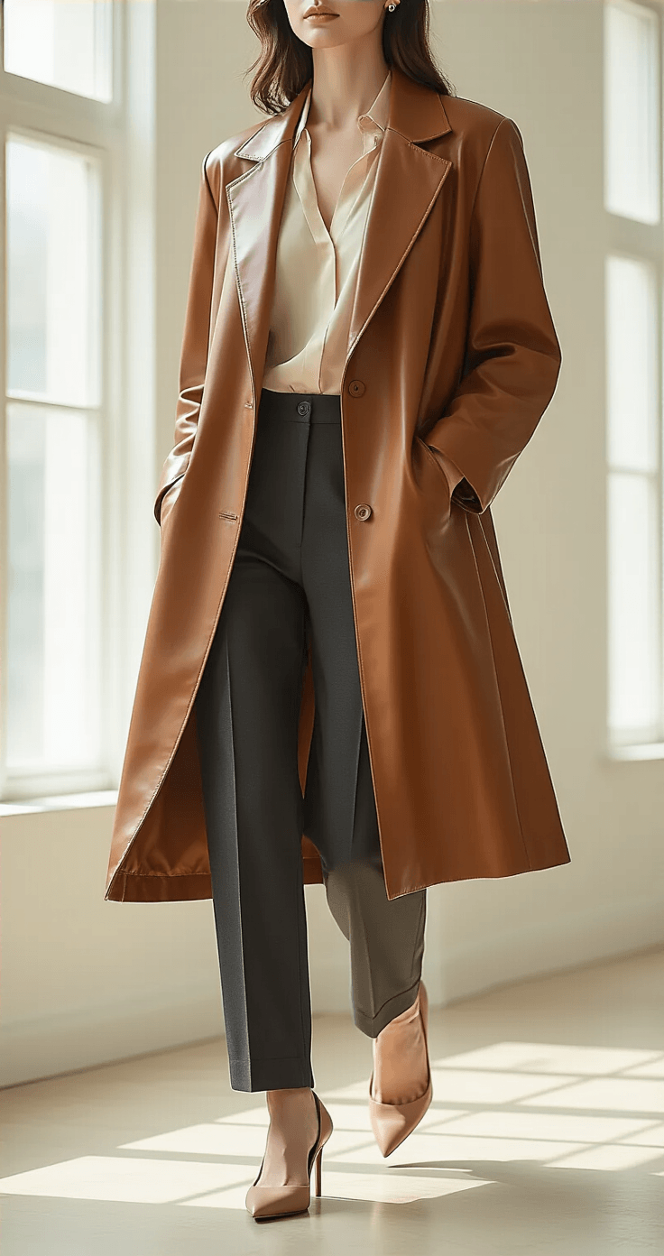 An elegant woman in an oversized cognac leather blazer and cream sheer blouse walks through a minimalist studio with large windows, soft natural light highlighting her tailored charcoal trousers and nude suede slingback pumps, captured from a low angle to emphasize the textures and flowing lines of her outfit.