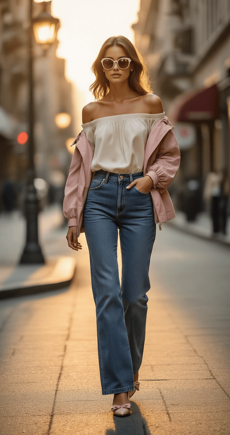 A young woman in chic urban attire walks confidently down a tree-lined street at golden hour, wearing sculpted denim stovepipe jeans, a cream off-the-shoulder blouse, and a lightweight dusted pink anorak, accessorized with oversized retro sunglasses and nude ballet flats. The warm natural light highlights her stylish outfit against a softly blurred background.