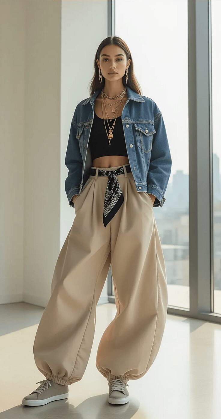 A model poses in a minimalist studio wearing voluminous beige balloon pants, a fitted black tank, and a structured indigo denim jacket, with soft gray suede sneakers. The scene is illuminated by diffused midday light from floor-to-ceiling windows, emphasizing her layered mixed-metal necklaces and a printed bandana tied to her belt loop. The below-eye-level camera angle highlights the contrast between the fitted jacket and flowing pants, creating a sophisticated yet relaxed vibe.