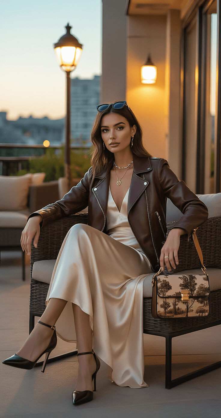 A woman in a chocolate brown leather jacket and ivory silk slip dress sits on a stylish outdoor terrace with warm streetlamp lighting, showcasing her black slingback pumps and woodland-print crossbody bag, as she enjoys the sophisticated evening ambiance.