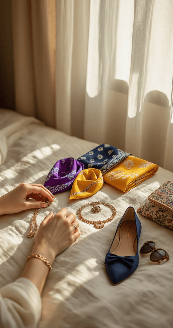 Close-up shot of hands arranging vibrant bandana scarves, layered pendant necklaces, soft suede ballet flats, oversized retro sunglasses, and a small printed bag on a linen-covered surface in a cozy, well-lit bedroom. Natural light filtering through gauze curtains highlights the rich colors and textures.