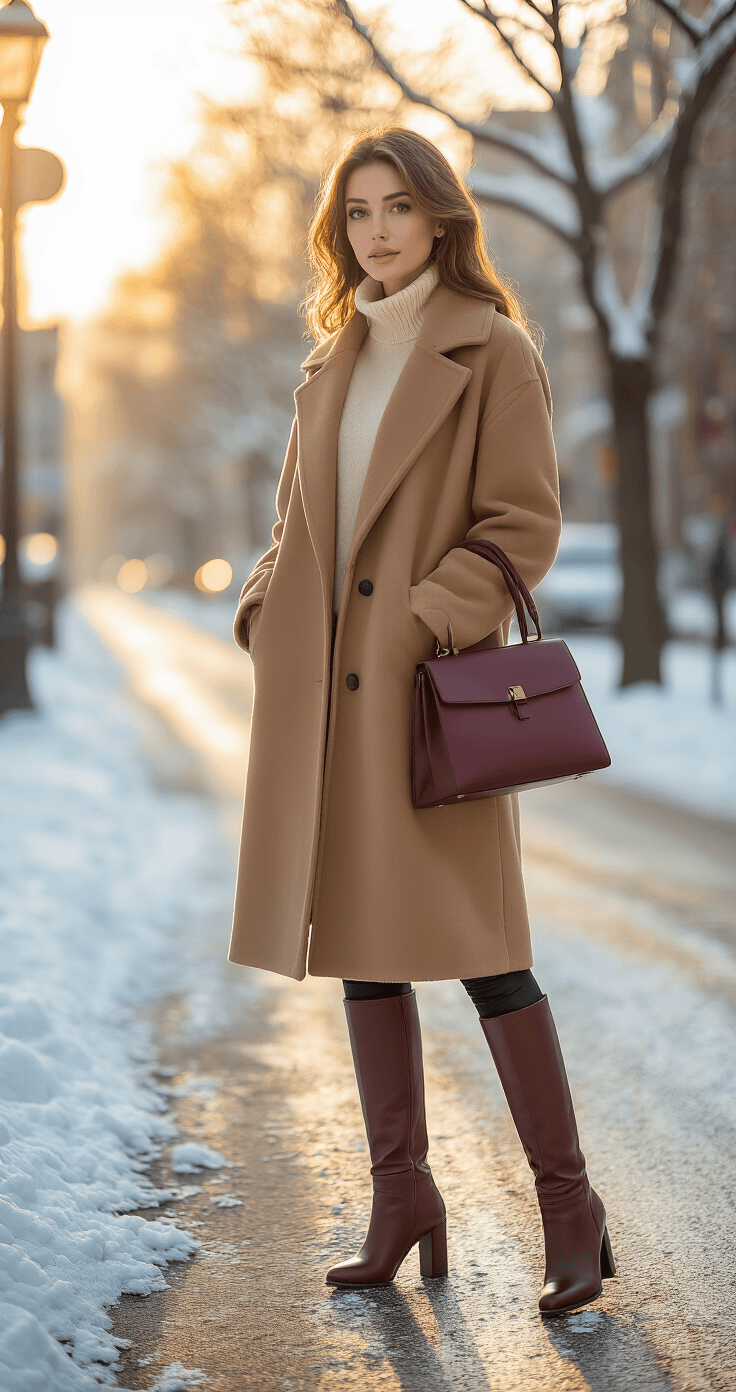 A confident woman in an oversized camel wool coat stands on a snow-dusted urban street corner during golden hour, layered with a cream cashmere turtleneck and black leather leggings, complemented by knee-high chocolate brown leather boots and a rich burgundy handbag, with soft winter sunlight illuminating the scene.
