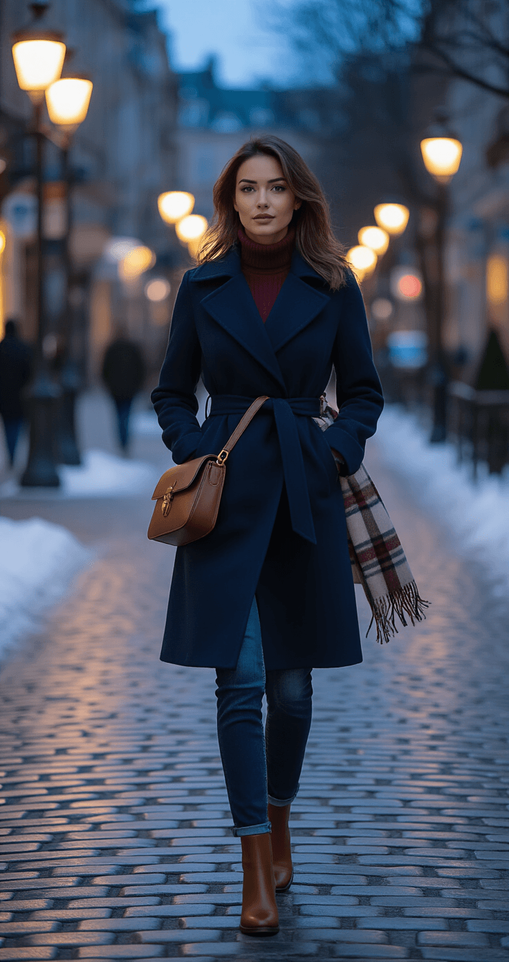 A woman in a belted navy wool coat and burgundy turtleneck strides confidently on a cobblestone pathway, illuminated by glowing streetlamps and framed by winter branches, with a plaid scarf billowing behind her.