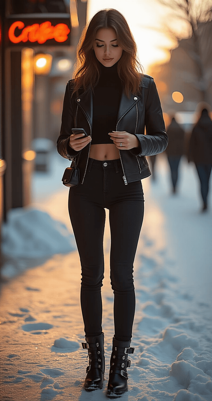 A young woman in a stylish winter outfit stands on a snowy urban sidewalk at golden hour, adjusting her crossbody bag and checking her phone, with concert venue lights glowing in the background and her breath visible in the cold air.
