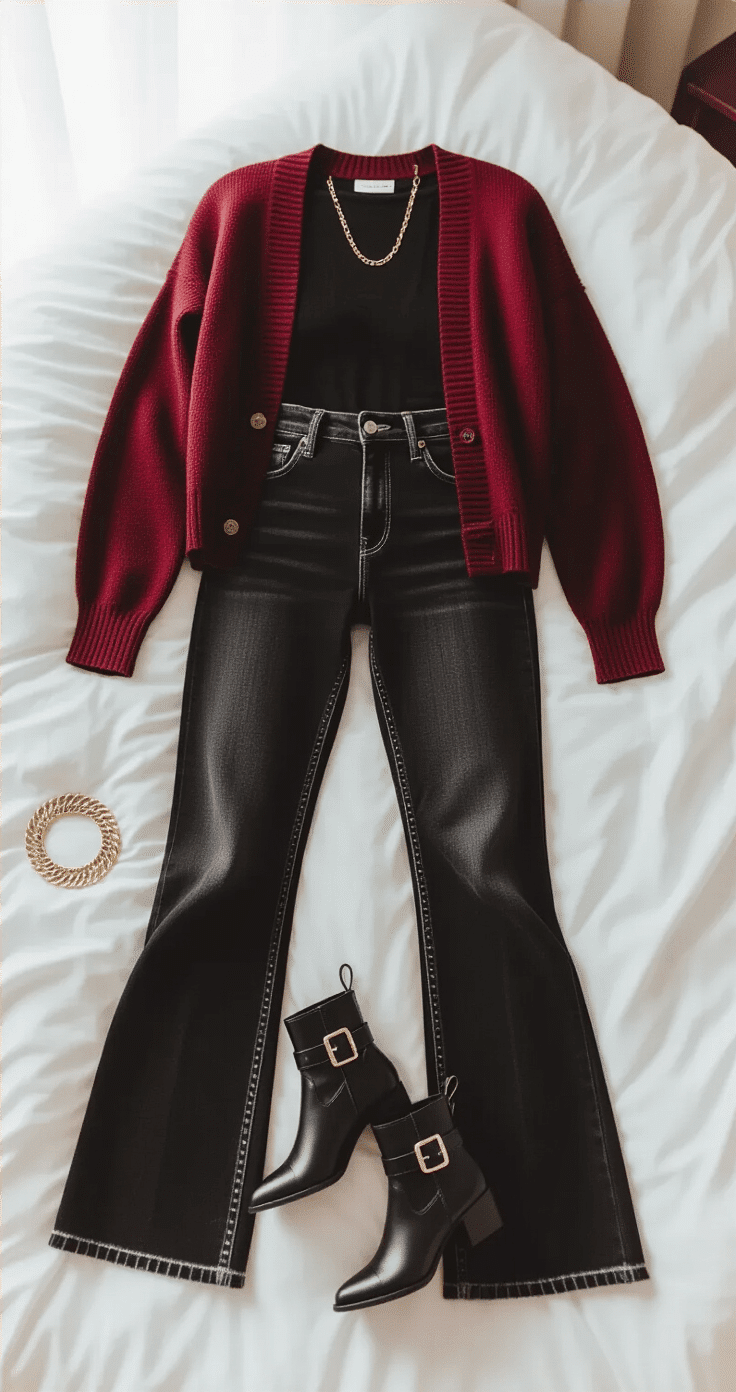 A cozy bedroom flat lay featuring a winter concert outfit: wide-leg black jeans, a fitted burgundy cardigan, black ankle boots, and gold jewelry, all styled on white bedding with soft natural light.