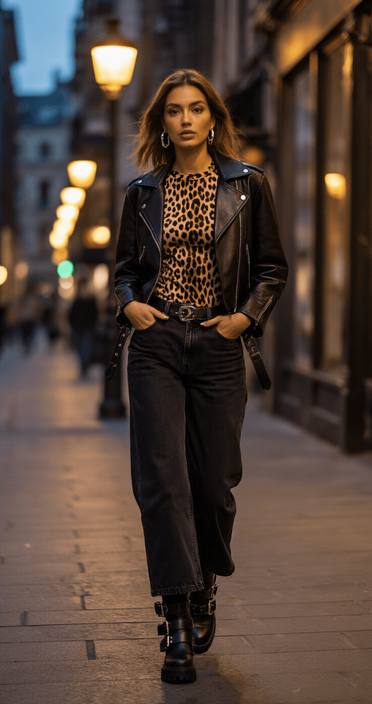 A confident woman in a leopard print top and black moto jacket walks mid-stride on a trendy urban street at dusk, illuminated by warm streetlamp light, with her silver hoop earrings glinting as she moves; the relaxed vibe and moody atmosphere highlight her edgy, sophisticated style.