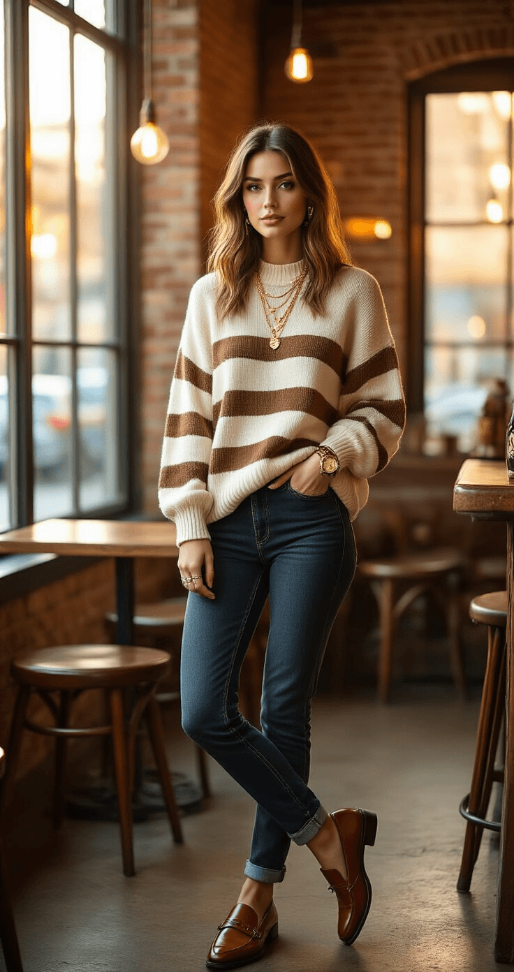 A stylish young woman in a chunky cream striped sweater and dark wash skinny jeans stands in a cozy urban wine bar during golden hour, with warm amber light streaming through large windows and casting soft shadows on exposed brick walls. She wears cognac leather penny loafers and delicate gold jewelry, creating an intimate and sophisticated evening atmosphere.