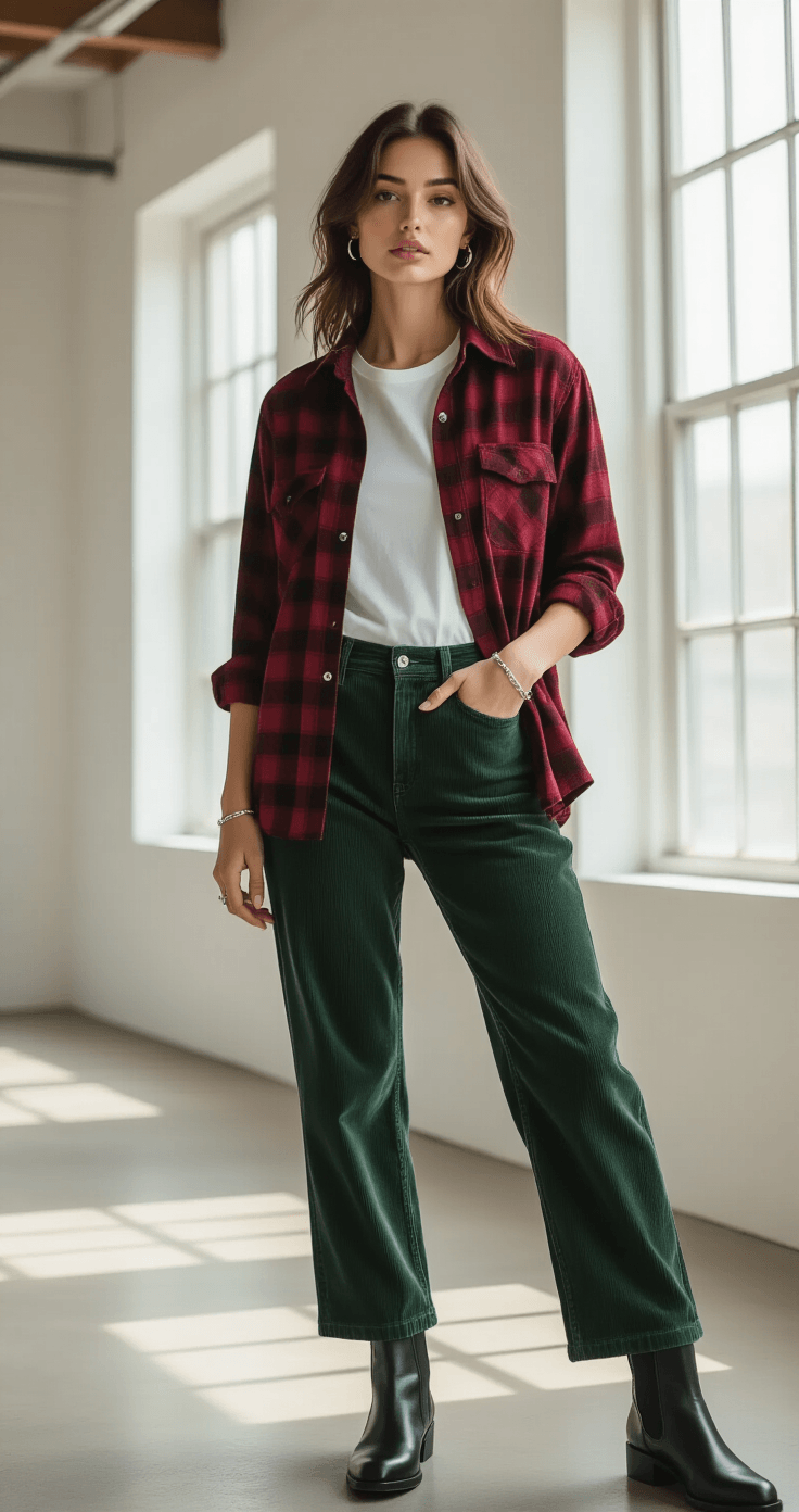 A confident woman poses in a minimalist loft apartment, wearing a burgundy plaid flannel shirt over a white tee and high-waisted deep forest green corduroy pants. The scene is bathed in soft afternoon light, highlighting rich jewel tones and varied textures, with black leather Chelsea boots and silver accessories, all against clean architectural lines and warm wood floors.