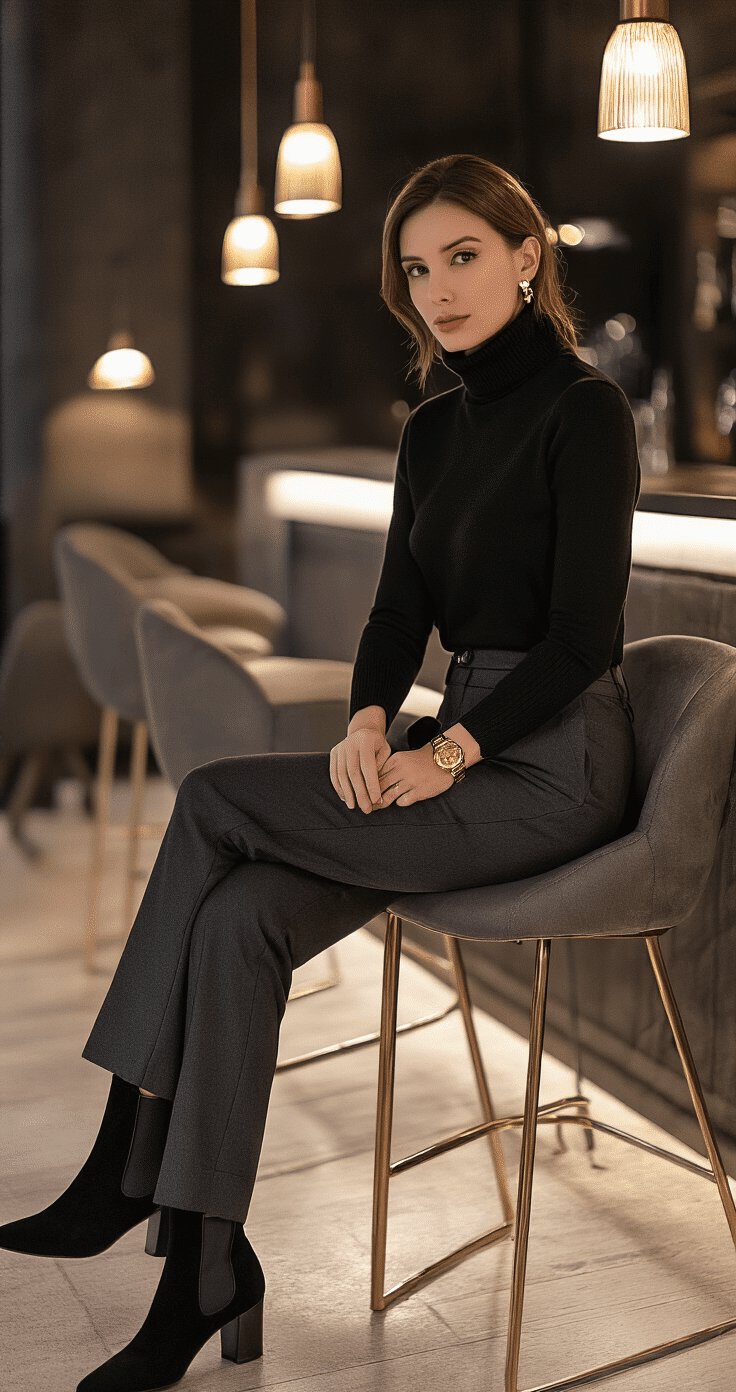 An elegant woman in a black cashmere turtleneck and charcoal wool trousers sits at a contemporary bar, styled with black suede Chelsea boots and gold accessories, illuminated by warm ambient lighting.