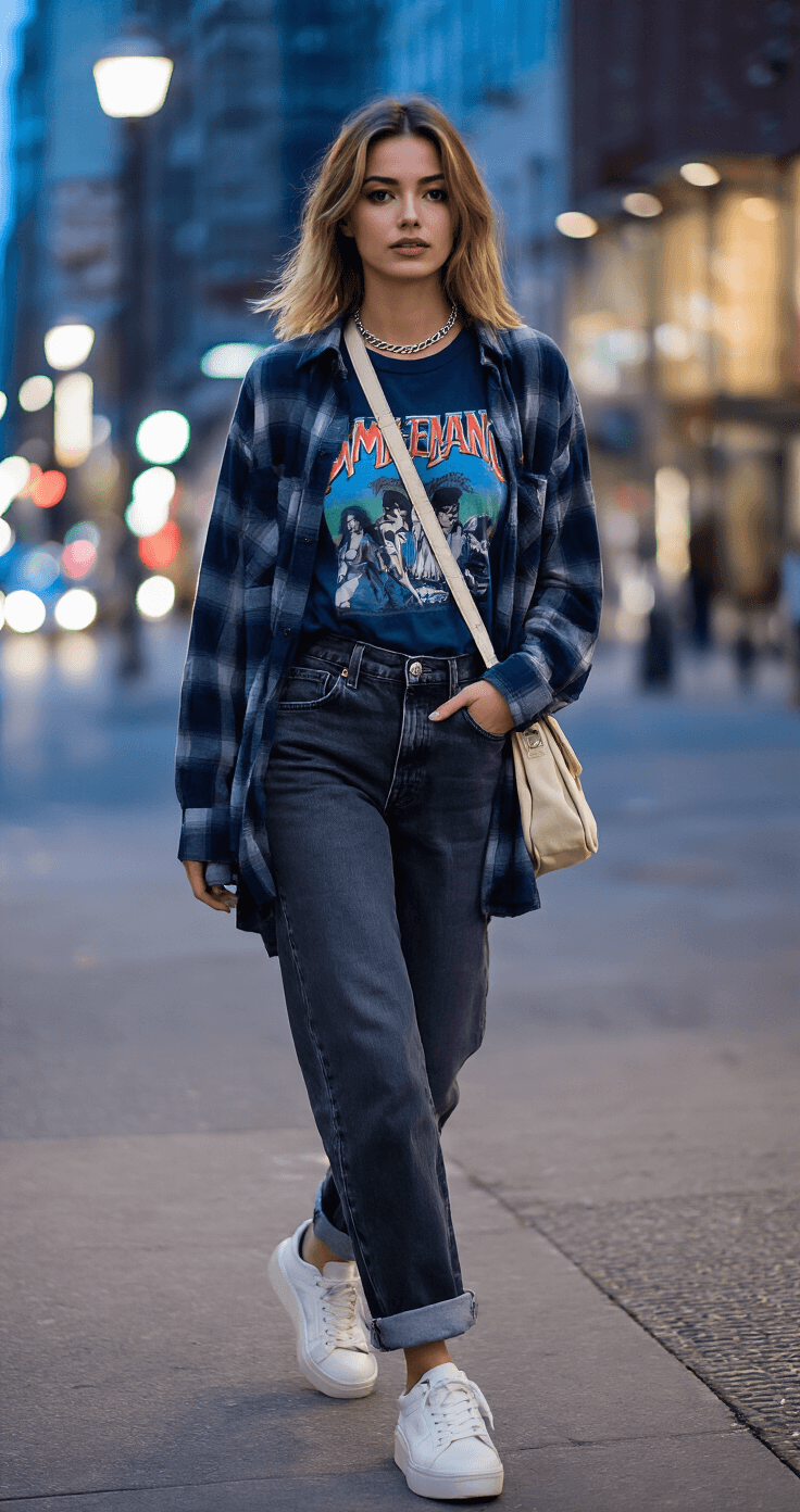 A trendy young woman in a graphic tee and oversized flannel shirt walks along an urban street corner during blue hour, illuminated by soft streetlight, showcasing a relaxed, effortlessly cool style with mixed textures and a dynamic motion blur.