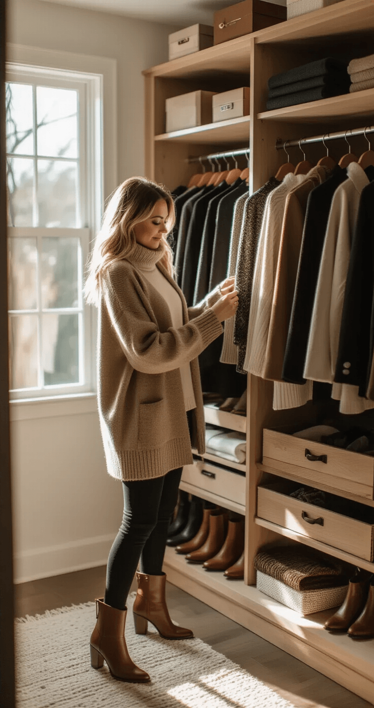 A stylish woman selects winter bar outfit pieces in her organized walk-in closet, featuring wool sweaters, leather boots, and tailored jackets, all beautifully lit by morning light streaming through the window.