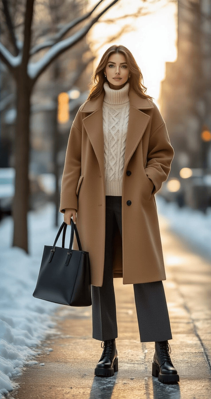 A sophisticated woman in an oversized camel coat and cream cable-knit sweater walks on a snow-dusted urban sidewalk during golden hour, carrying a structured black leather tote and wearing chunky platform boots, with warm light and shadows highlighting her stylish ensemble against the city backdrop.