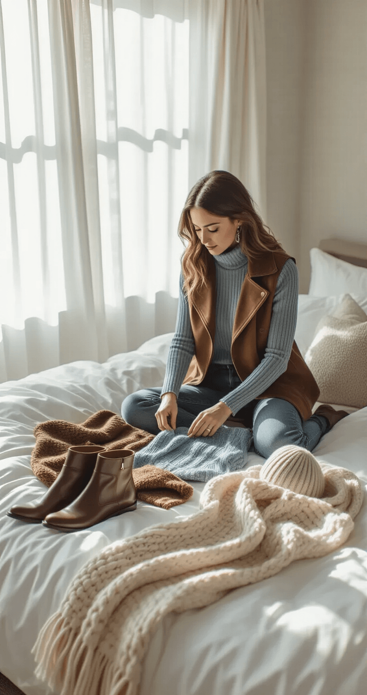 A cozy bedroom scene with soft morning light illuminating a woman arranging winter outfits on a minimalist bed with white linens. The display includes a dusty blue ribbed turtleneck, a chocolate brown faux suede jacket, wide-leg denim, black leather knee-high boots, a cream chunky knit scarf, silver jewelry, and a wool beanie, all capturing the textures of the fabrics. The overhead shot highlights gentle shadows and an authentic, lived-in feel, evoking the warmth of winter dressing.