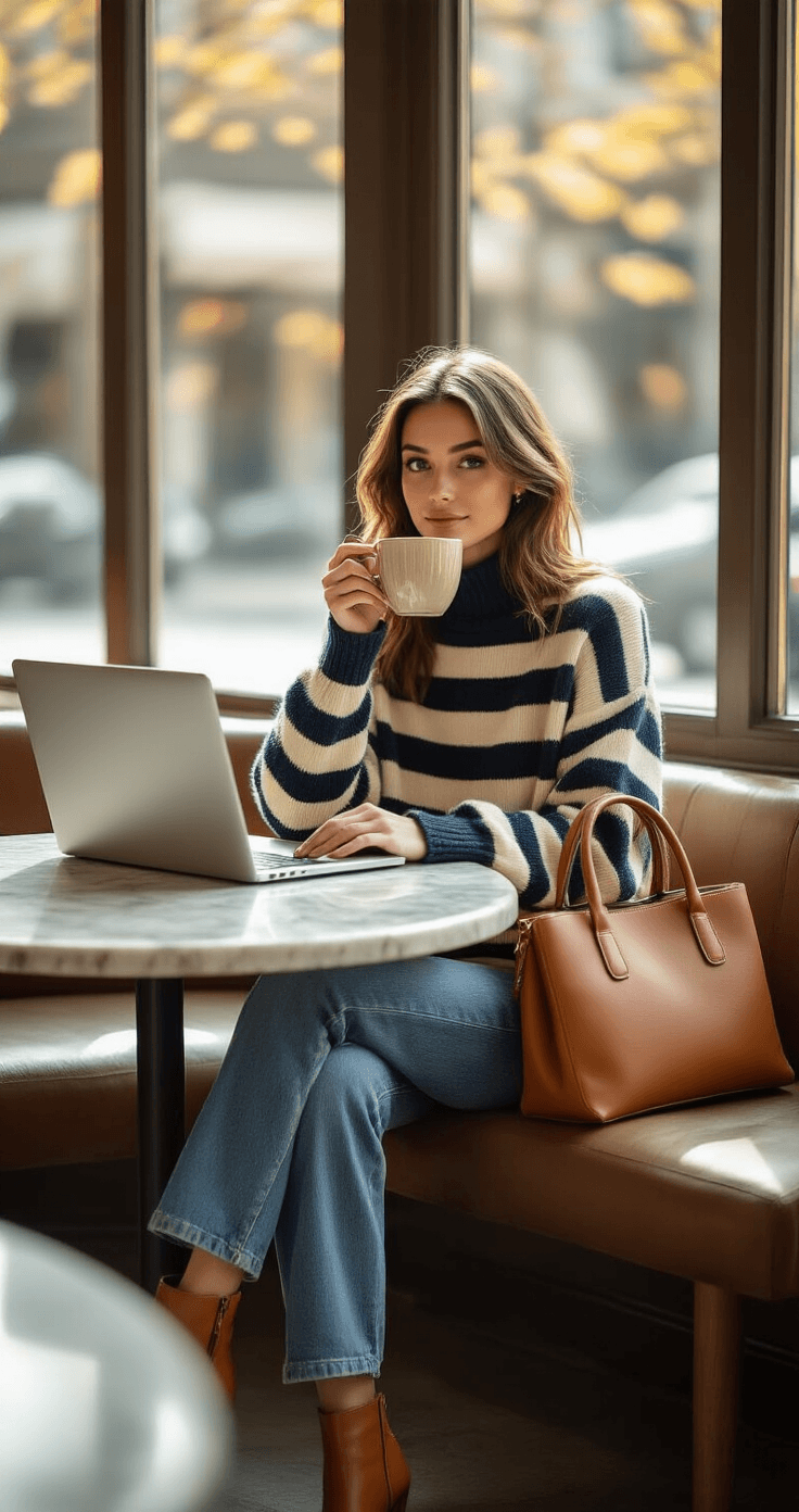 A woman sits in a chic coffee shop corner at a marble-topped table, wearing a navy and cream striped wool sweater, wide-leg jeans, and cognac leather kitten-heeled ankle boots. She holds a ceramic mug with a structured camel leather tote bag beside her laptop, bathed in soft natural light that highlights the textures of her outfit and creates a warm, sophisticated winter aesthetic.