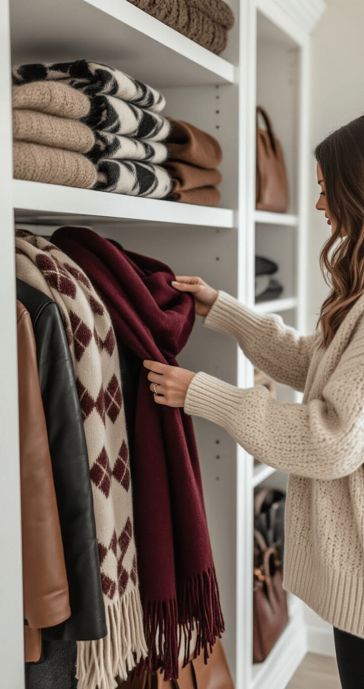 A woman in a cream cashmere funnel-neck sweater organizes winter accessories in a sophisticated closet with floor-to-ceiling windows. The scene features neatly arranged chunky argyle scarves, textured leather gloves, neutral wool beanies, and structured black and brown handbags, with natural light highlighting the rich materials and colors.