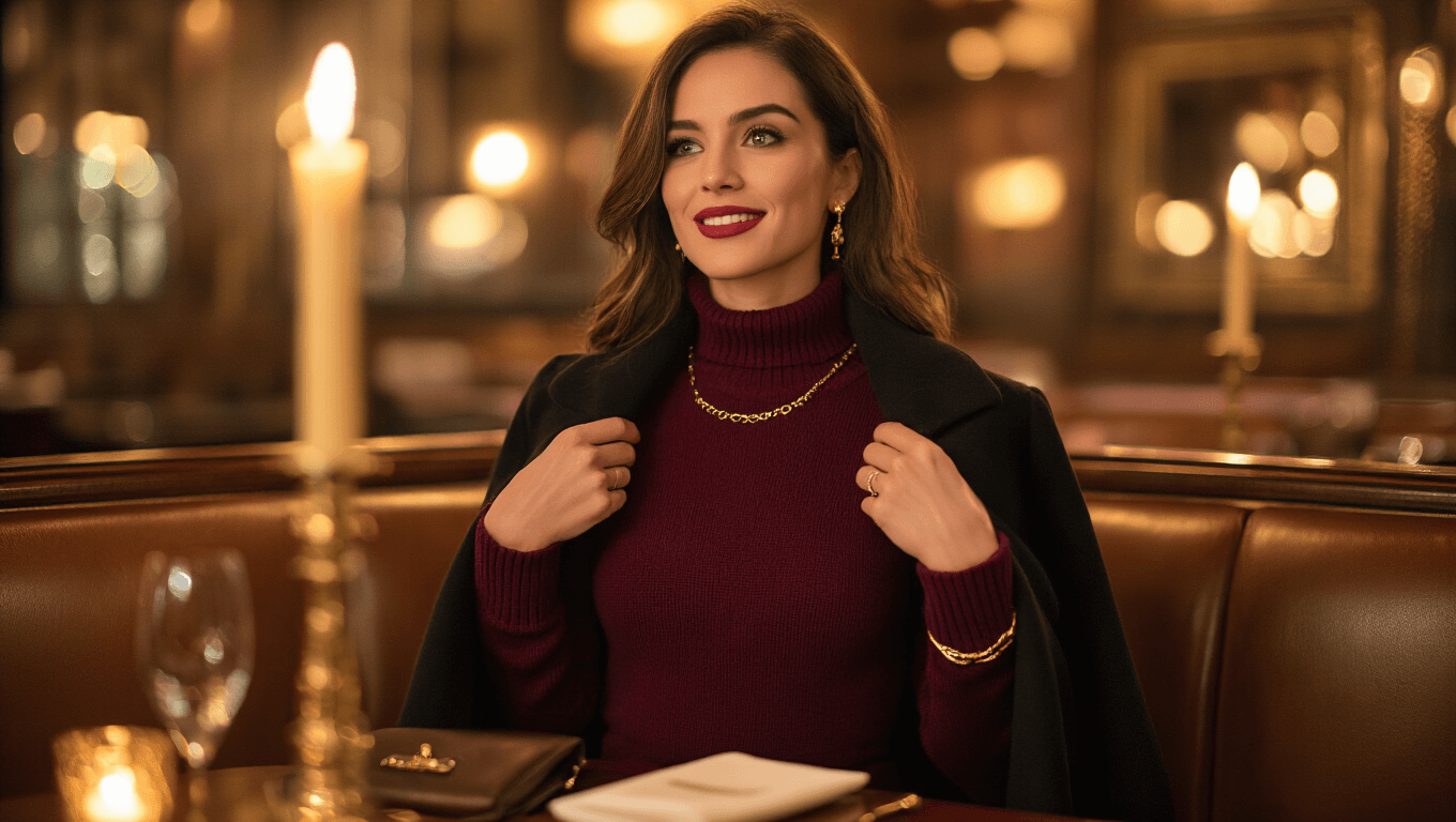 A woman in a rich burgundy sweater dress elegantly removes her tailored wool coat in a warmly lit upscale restaurant, illuminated by soft golden candlelight, showcasing delicate gold jewelry and black suede knee-high boots with a confident smile, captured from her date's perspective.