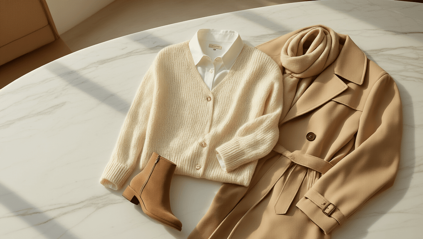 Elegant cold spring outfit flat lay on white marble, featuring cream cashmere sweater, crisp white shirt, camel trench coat, neutral-toned scarf, tailored dark trousers, and suede ankle boots, with soft golden hour lighting highlighting textures.
