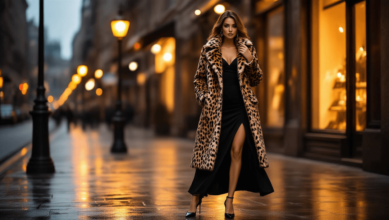 Confident woman in a leopard-print coat over a black mini dress, adjusting her collar on an urban street at golden hour, with warm streetlamp light and boutique window reflections creating a sophisticated atmosphere.
